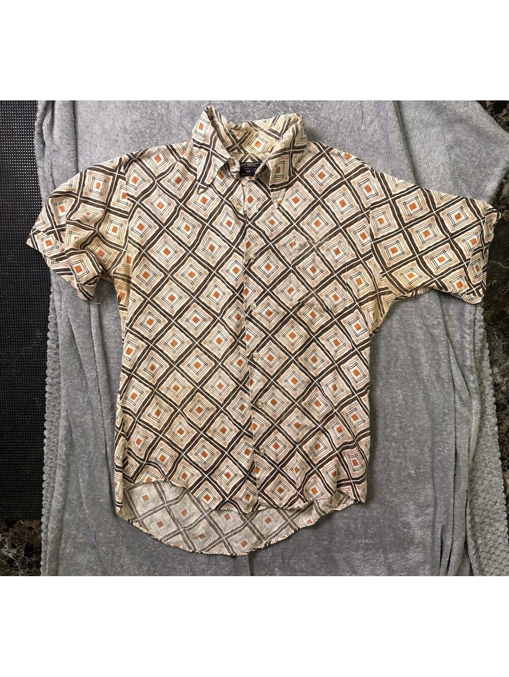 Vintage 70s Towncraft Penneys Shirt L Brown Orange Geometric Disco Mod